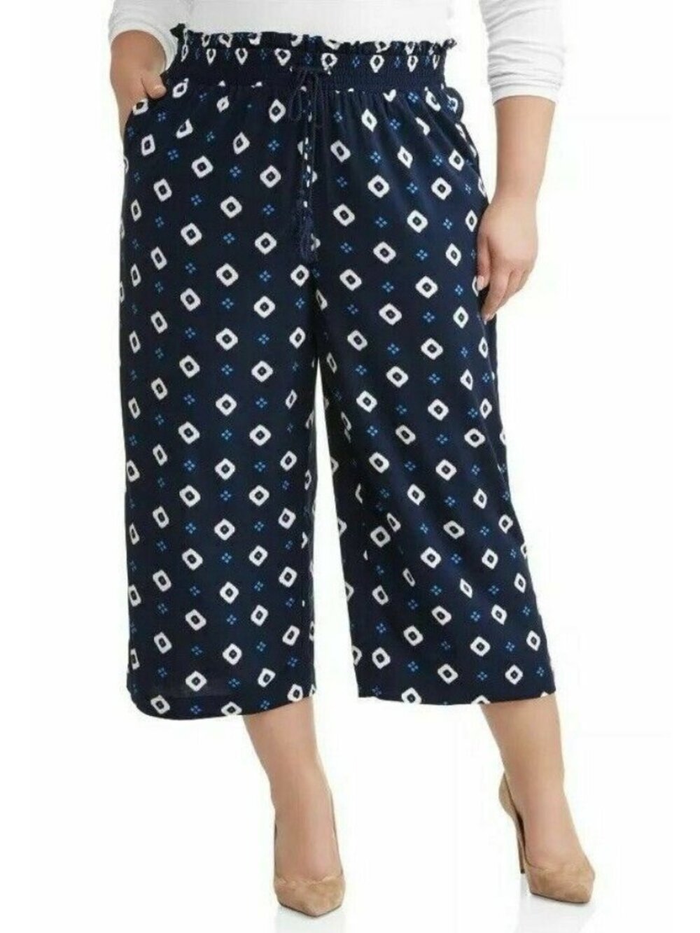 Terra & Sky Women’s Plus Wide Leg Navy Blue Geo Print Cropped Pant 2X 20W-22W